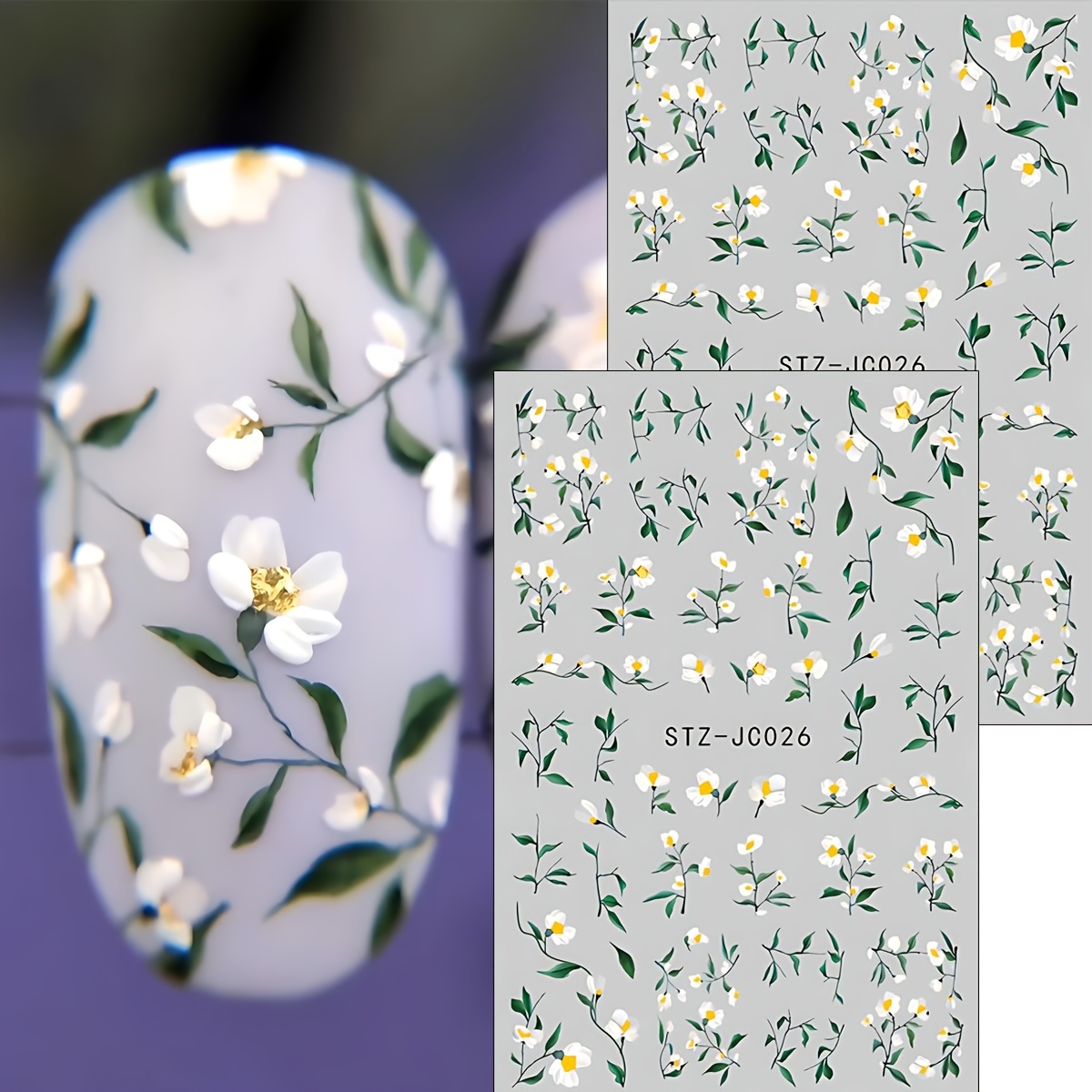 2pcs Mini Jasmine Nail Stickers Elegant Daisy Floral Leaf Hand-painted Watercolor Flowers Summer Wedding Nail Decals Decorations Diy Nail Supplies