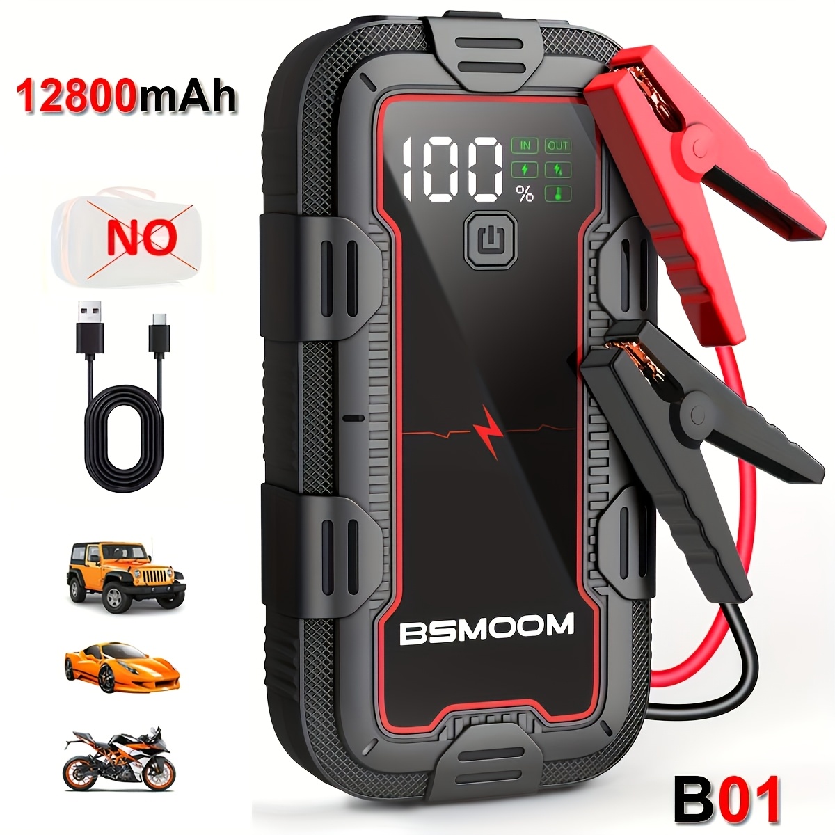 zdjęcie przedmiotu Rozrusznik samochodowy 12V 6000A Peak | Booster akumulatora z lampą LED, ekranem LCD, USB Typu C, szybkie ładowanie, przenośny, akumulator litowo-polimerowy | Odpowiedni do wszystkich silników benzynowych lub diesla o pojemności do 10.0L