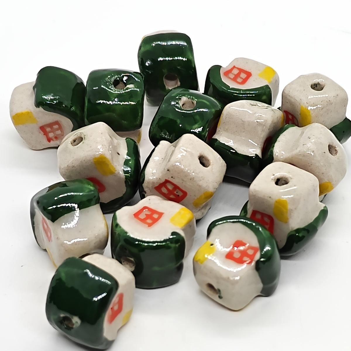 4pcs Vintage Green House Ceramic Beads for Jewellery Making