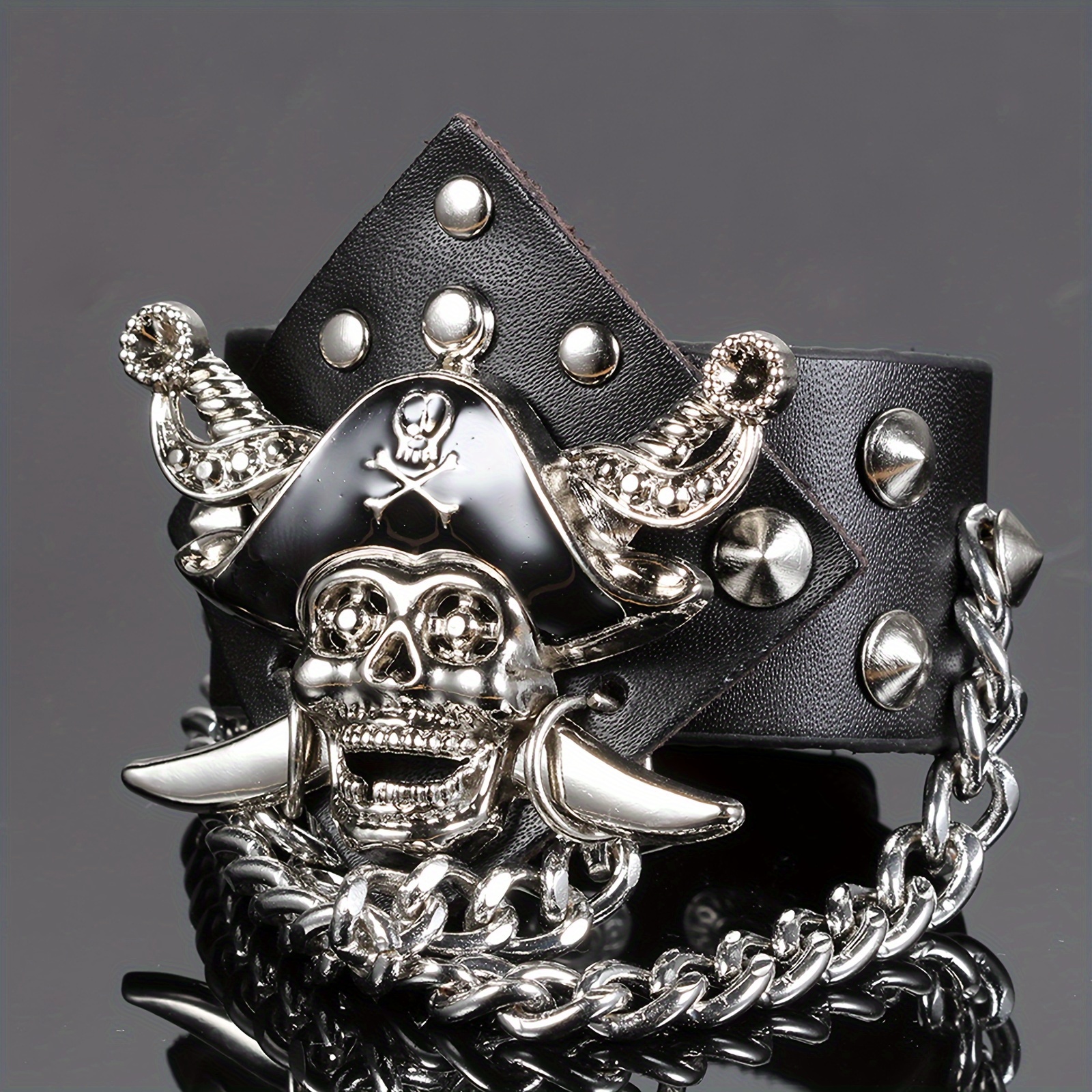 

Men's Strap Bracelet Wide Belt Black Metal Punk Rock Biker Skull Rivets Studs Wrist Strap