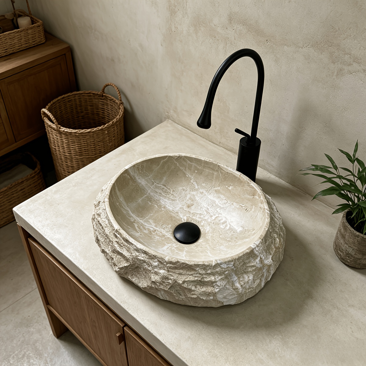 1pc Unique Stone-Shaped Artificial Stone Bathroom Sink, Washbasin, Deep Anti-Splash Artistic Basin, Decorative Basin, Large Single Basin, with Drain And Anti-Odor Drain Pipe, Suitable for Various Decoration Styles of Bathrooms