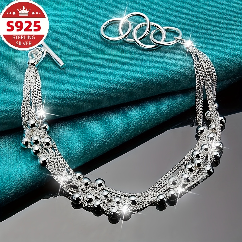 

925 Sterling Silvery , Round Bead, 6 Chain Bracelet - Fashionable And Elegant Style - Suitable For And Parties - Perfect Feminine Charm Jewelry Gift For Christmas