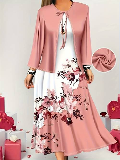 item picture womens fashion 2pcs suit long sleeve stitching small open front and floral print dress machine washable outfit