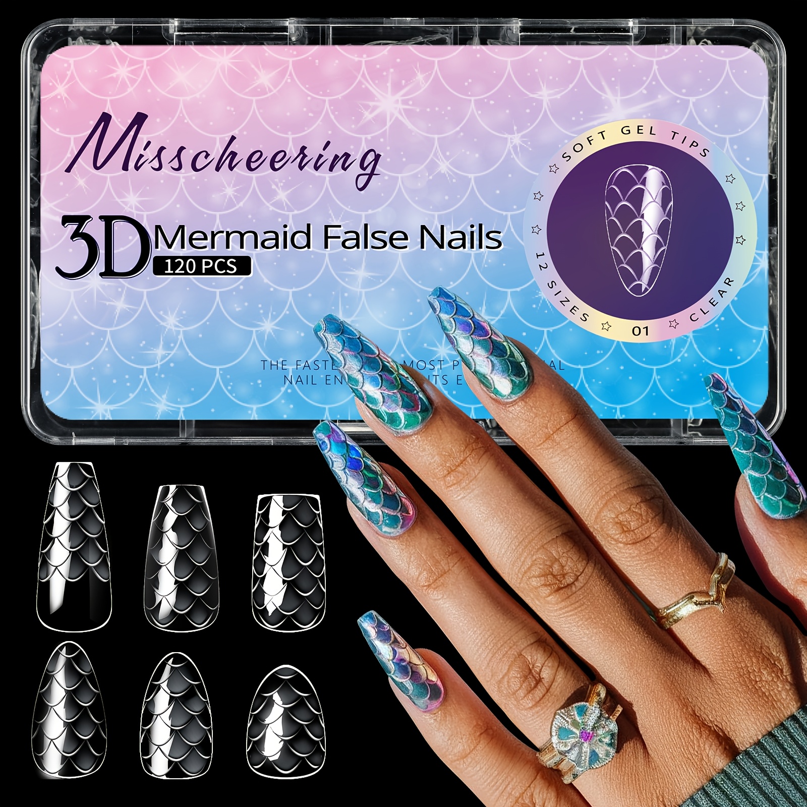 

Misscheering 120/140pcs 3d Mermaid False Nails, Shaped Middle Length, , Geometric Gradient Pattern, Transparent Acrylic Press-on Nail Tips For Manicure