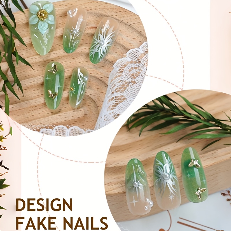 TEMU 10pcs DANArtlux Faux Ongles à Pression pour Femme, Dégradé Français Vert avec Florale 3D et Pointes Papillon en Strass, Faux Ongles Brillants à