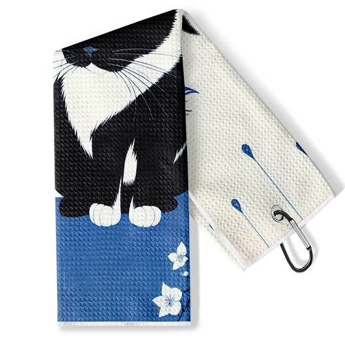 item picture blue and white floral black cat pattern golf towel with japanese minimalist style golf towel with circular metal hook ultra fine soft suitable for golfers ideal for sports enthusiasts