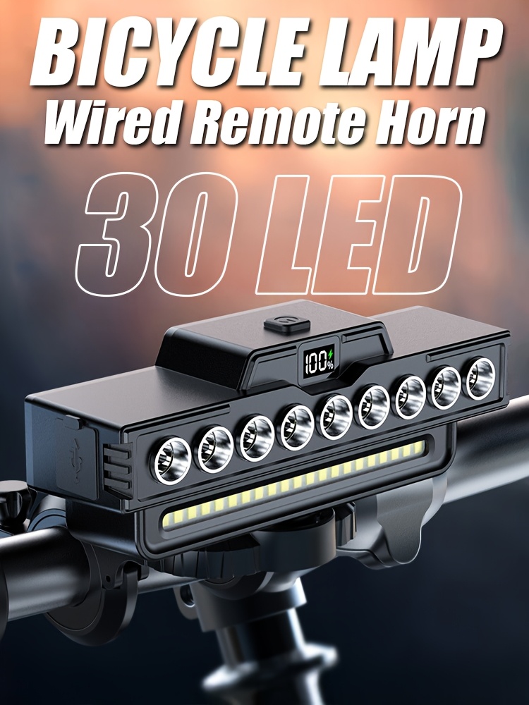 Nieuwe Ultra-Heldere 9 LED Fiets Voorlicht, Draagbare USB Snel Opladende Nacht Fietslamp. ABS Horizontale Fiets Voorlicht, Beugel Fiets Hoorn Koplamp, 7 Verlichtingsmodi met Bedrade Afstandsbediening Geschikt voor Alle Fietsen, Zonder Batterij