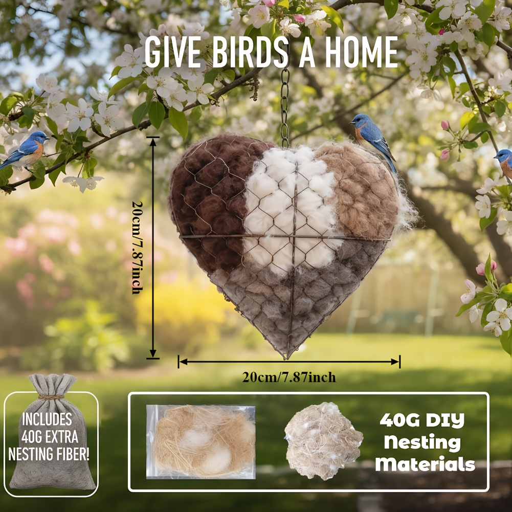 3件心形蜂鸟巢 | 手工纤维鸟巢，心形设计，可填充鸟巢天堂，包括多袋筑巢材料，以及为蜂鸟爱好者准备的鸟类礼物，适合家庭花园户外使用 商品详情 2