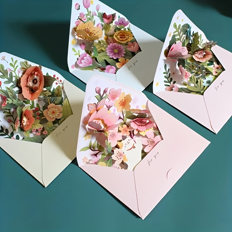 Image of 4pcs 3d Pop-up Flower Greeting Cards With Envelopes & Labels - Birthdays, Anniversaries, Thanksgiving, Mother's Day, Father's Day &