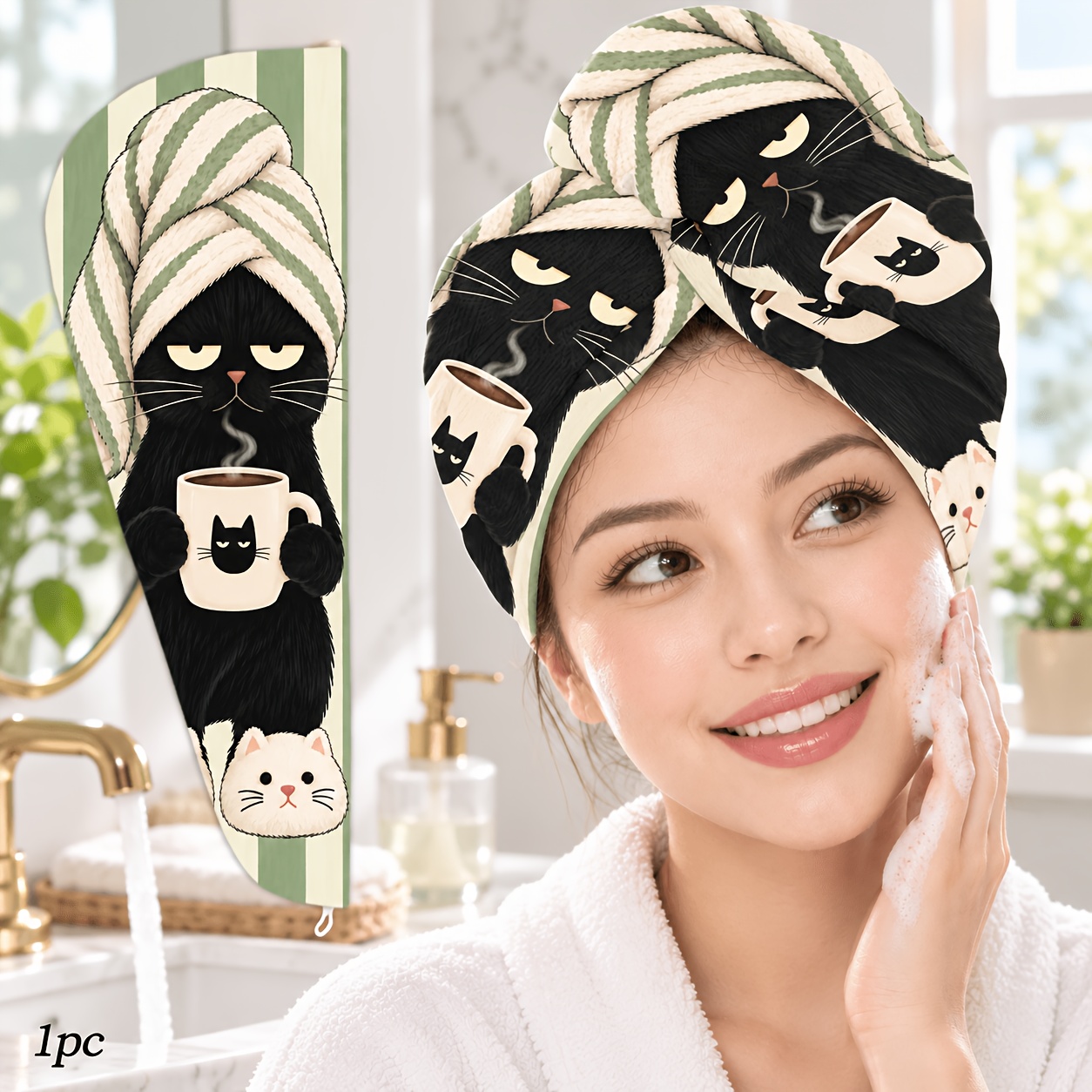 TEMU 1pc Women's Absorbent Quick-dry Hair , Soft Fiber Cat Stripe Headband, Button-fixed Long Hair Towel, Absorbent Quick-dry Towel, Suitable For