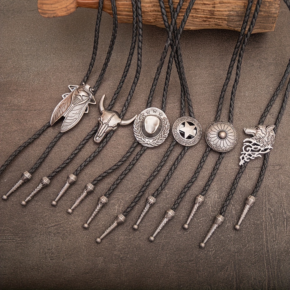 

6pcs Funky Western Cowboy Bolo Tie Necklaces - Antique Bronze With Unique Pendant Designs, Leather Cord, Birthstone Accents For Men, Western Jewelry