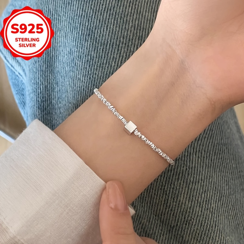 925 Silver Small Square Pendant Chain Bracelet Gift for All Season