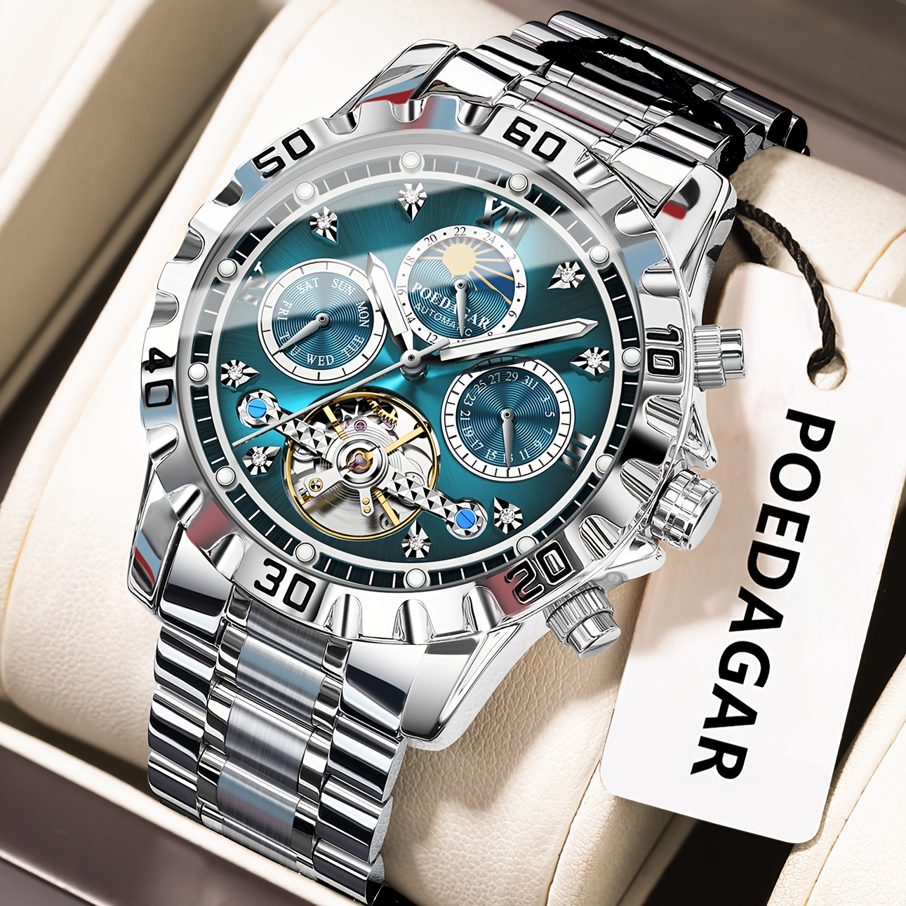 Poedagar Luxury Men's Mechanical Watch, Waterproof Automatic Tourbillon Stainless Steel Mechanical Watch + Gift Box Set