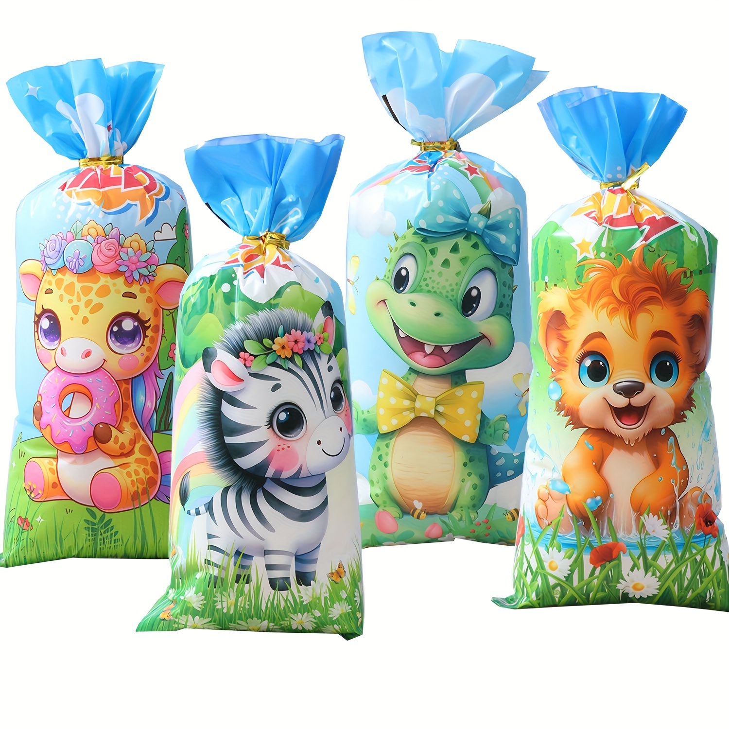 

50-piece Cartoon Animal Candy Bags - 4.9"x10.8" Assorted Deer, Crocodile, Zebra, Lion Designs For Birthday Parties & Gifts - Durable Plastic With Ribbon Tie