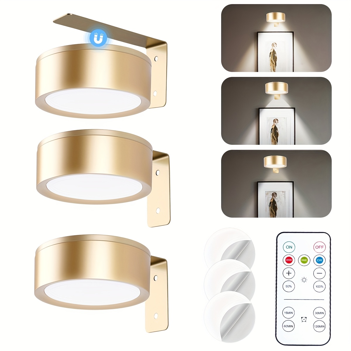 TEMU 3pcs Modern Magnetic Picture Lights Led With Remote, Dimmable Timer & 3 Lighting Suitable For Picture Frame Paintings, Wireless Wall Puck Lights