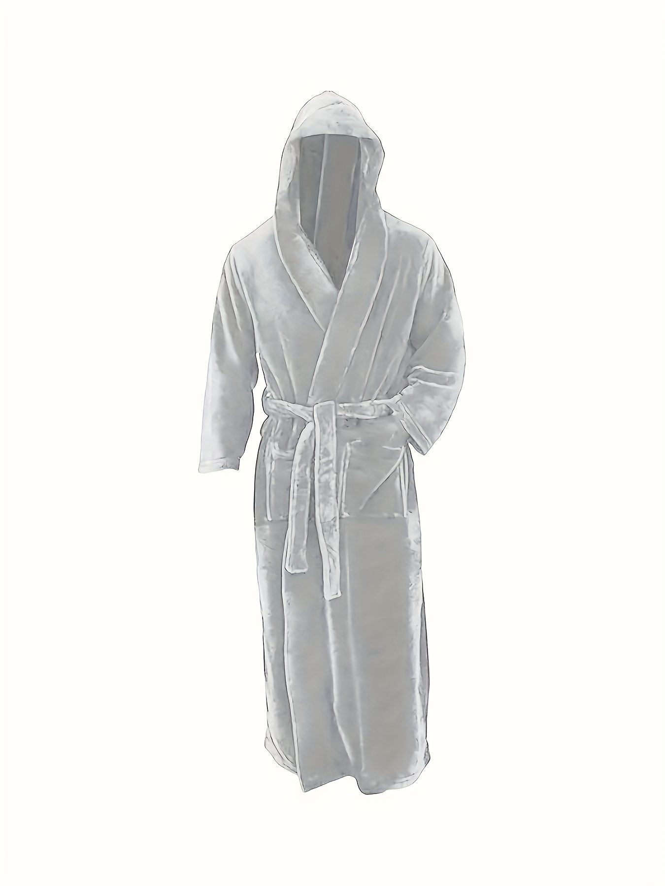 Men's Long Black Fleece Bathrobe with Double Hood - Soft, Breathable, Adjustable Belt, Solid Color, Ideal for Autumn/Winter Comfort