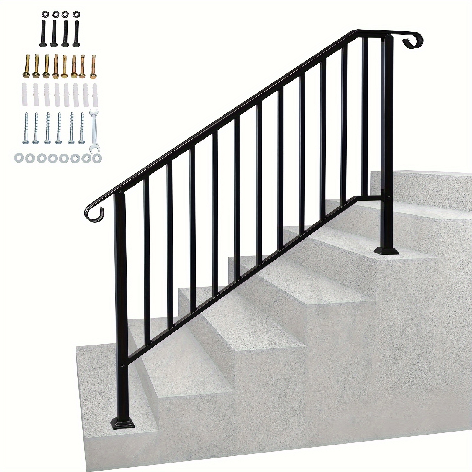 

Antsku 5 Step Handrails For Outdoor Steps, Wrought Iron Stair Railing Fits 4 Or 5 Steps, Metal Hand Rail With Installation Kit, Staircase Handrails For Concrete, Porch, Deck, Exterior Steps, Black