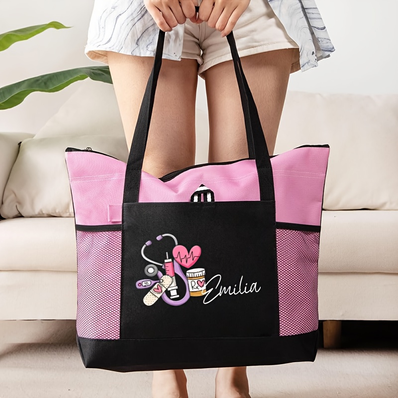 TEMU Custom Nurse Name Tote Bag - -themed Design Featuring A Stethoscope And Heart Motif, Durable Personalized Thank-you Gift For Healthcare Workers,