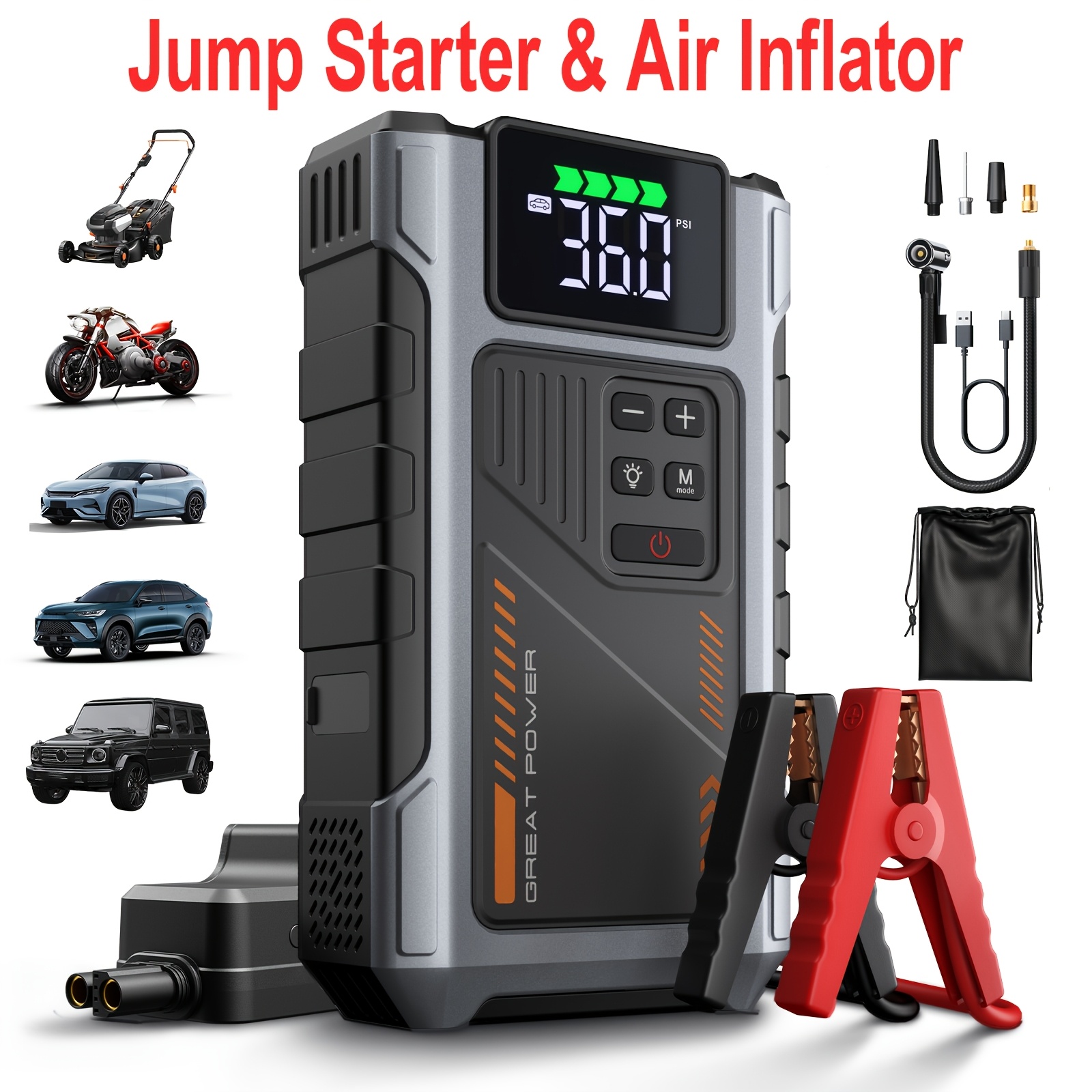 TEMU Car Jump Starter, 6000a Battery Jump Starter With Air Compressor, For .5l Gas And 6.0l Engines, 12v Lithium Portable Jump Box Car Battery Jumper
