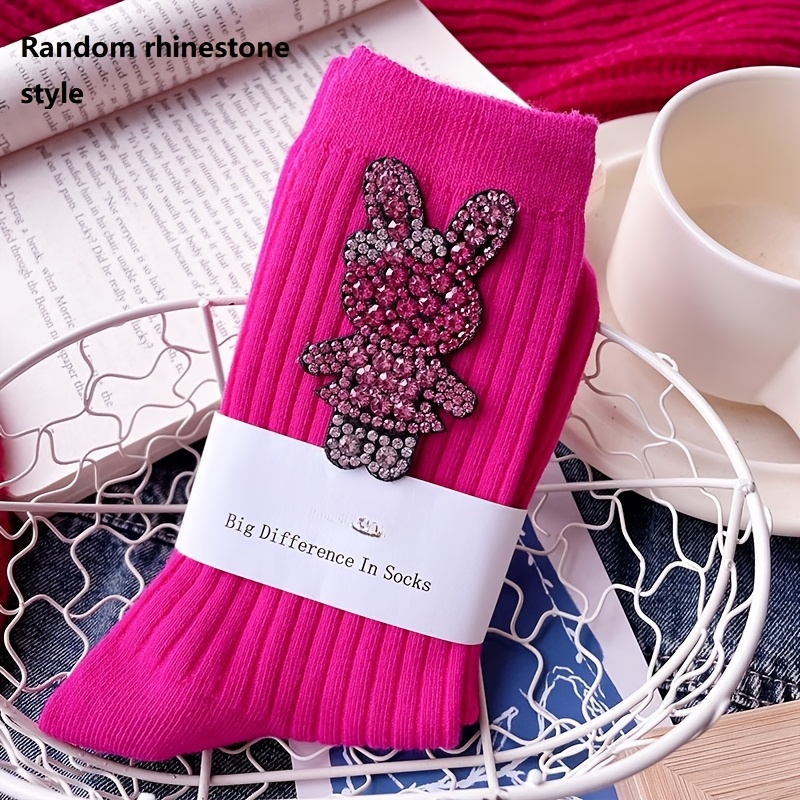 Image of 1 Pair & Rabbit Rhinestone Stacking Socks - Cute Breathable With Sparkling Rabbit & Patterns, Colorful For, Spring/fall Casual Attire Or Themed Outfits (hand Wash/dry) - Style, For Teenager