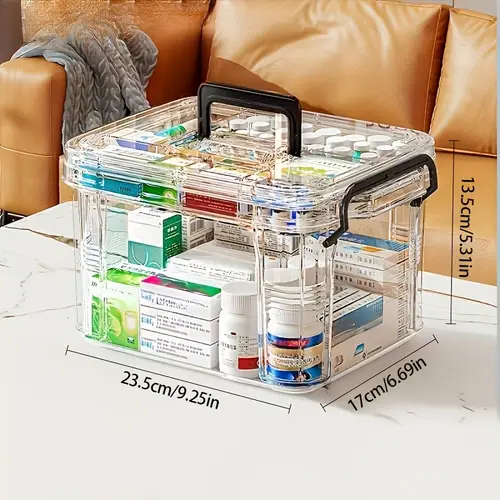 1pc large capacity double layer medicine organizer box waterproof transparent storage with handle 9 25x6 69x3 74 inch multi compartment for visibility medication management doublelayer design plastic