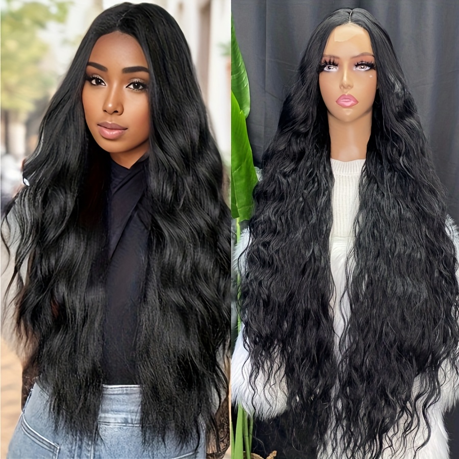 elegant long black wavy synthetic wig women body wave middle  display picture 3