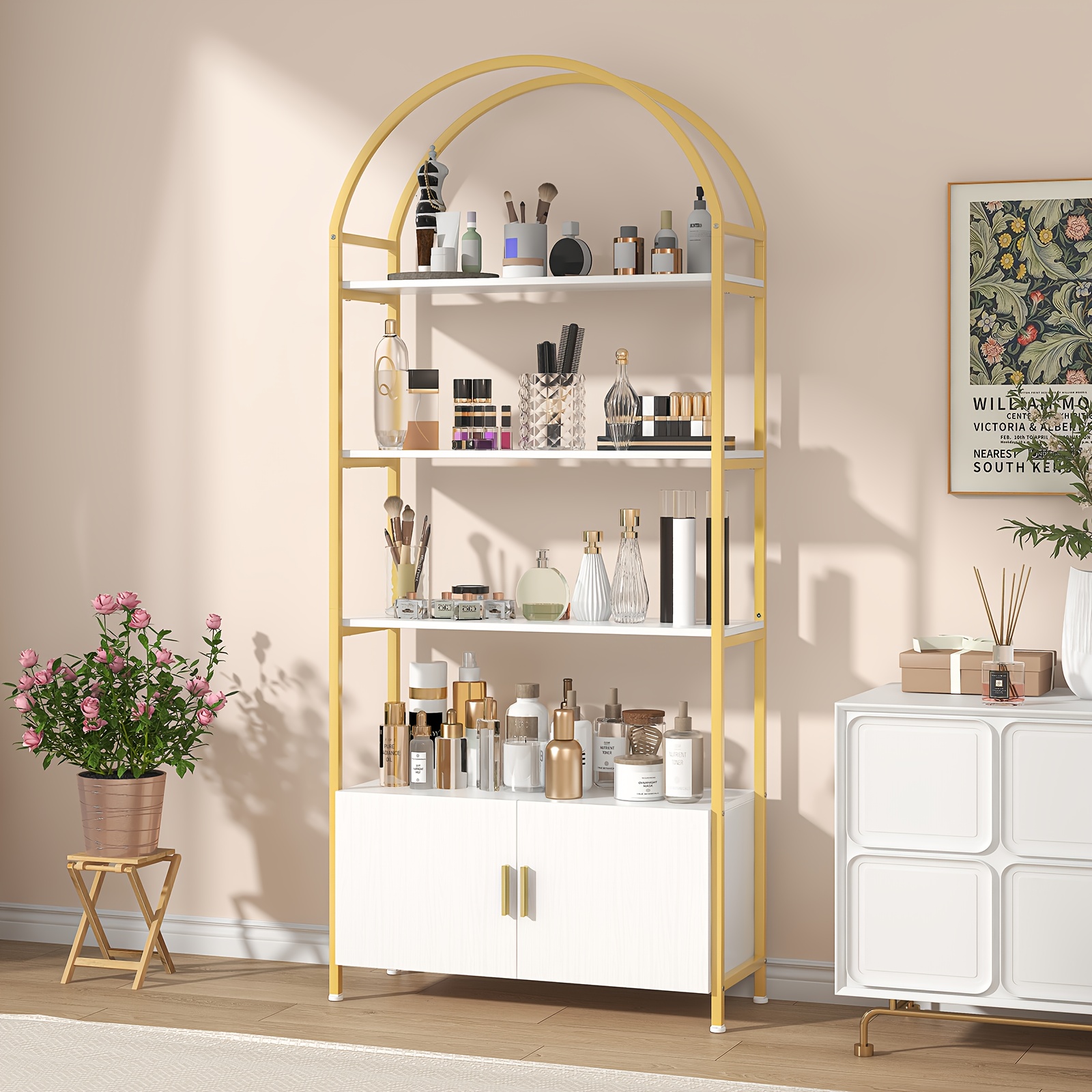 TEMU 71" Industrial Bookcase - Black Metal Frame, 5-tier Arched Shelf W/ Drawers, Freestanding Office & Living Room Storage