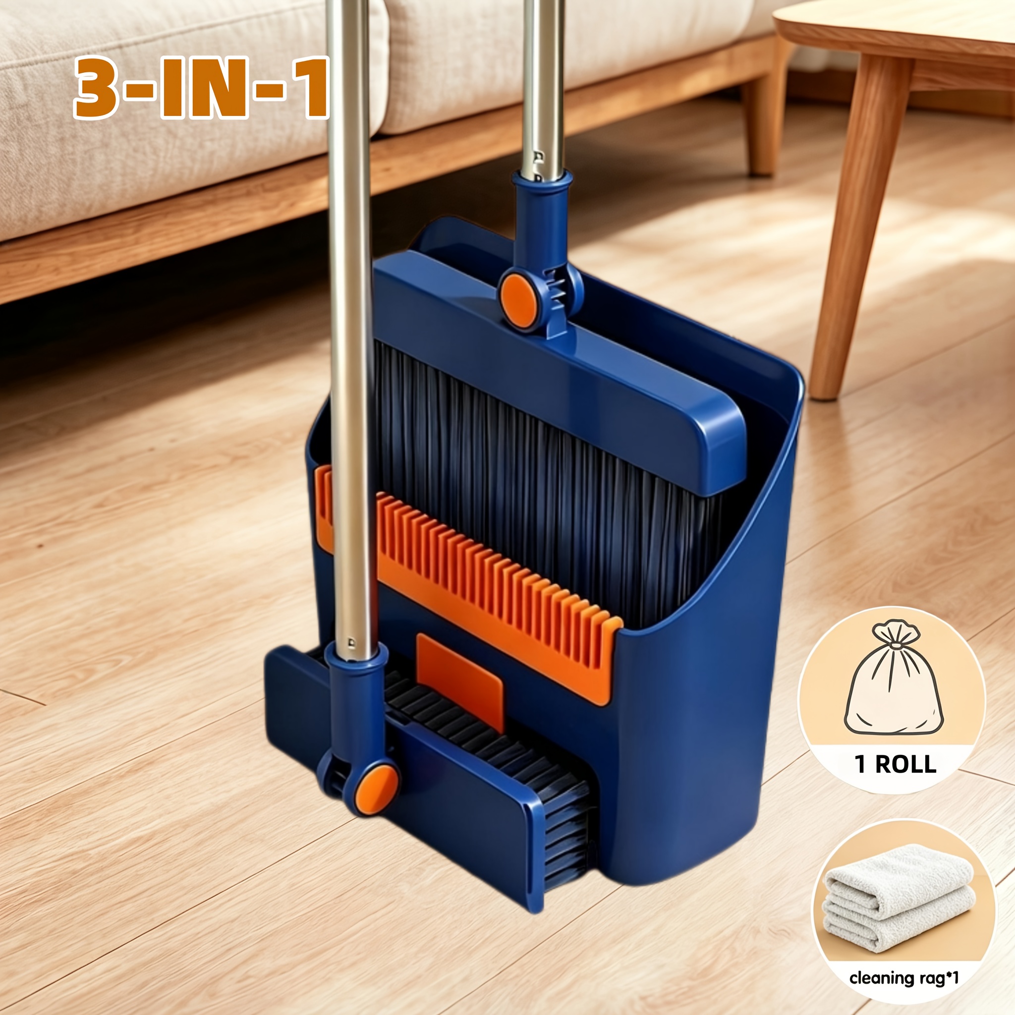 TEMU Juego de escoba y recogedor /, bolsas de basura y toalla, universal para cocina, oficina, dormitorio, recogedor plegable con dientes de peine,