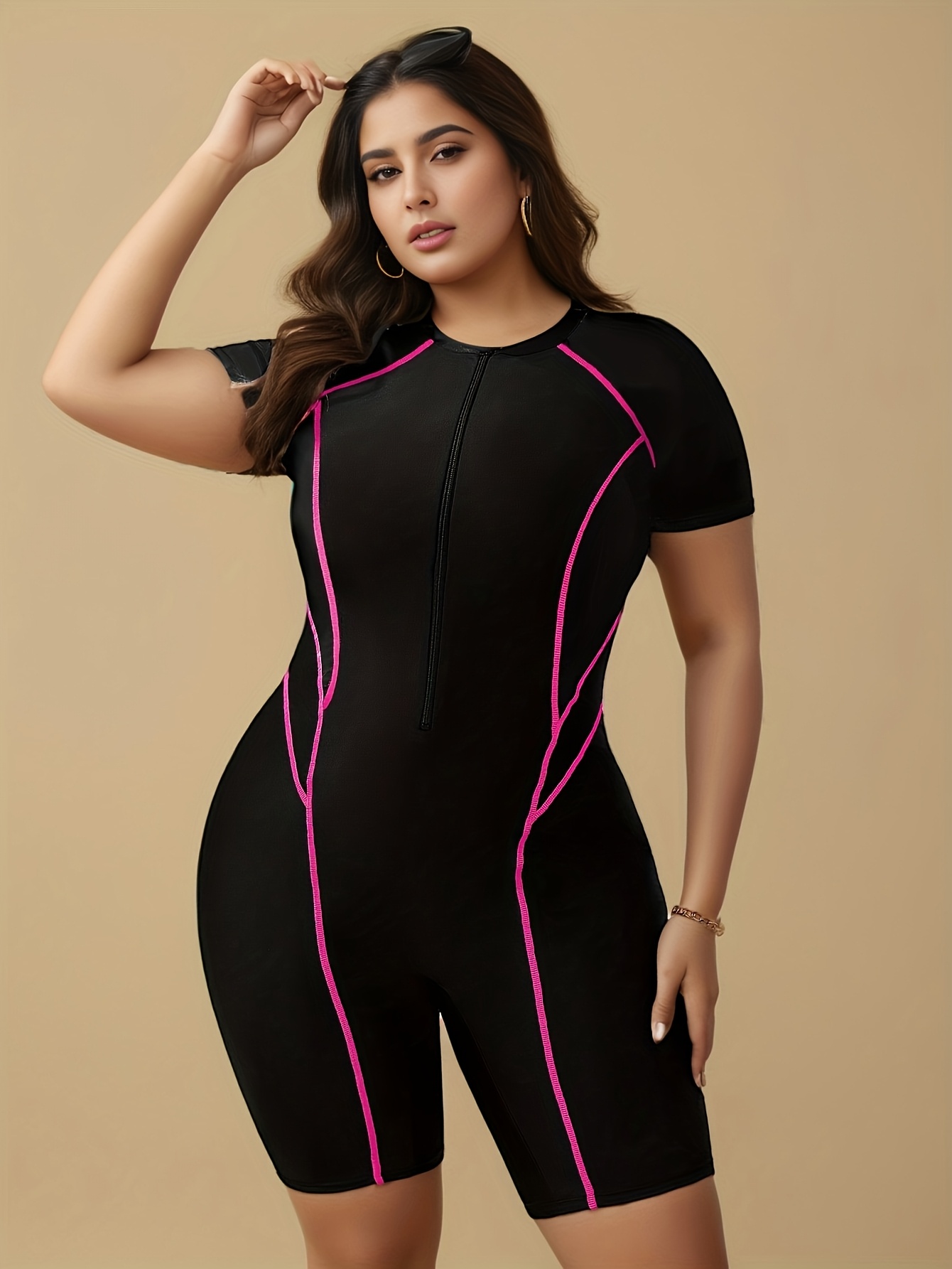 european and american new plus size swimwear womens conservative boyleg shorts zipper one piece swimsuit