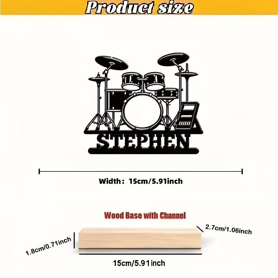 TEMU [2d Flat 1pc Stephen Iron Drum Set Customizable With Wooden Base, Art Tabletop Music Decor, Suitable For Home, Office, Coffee Shop, Great Gift