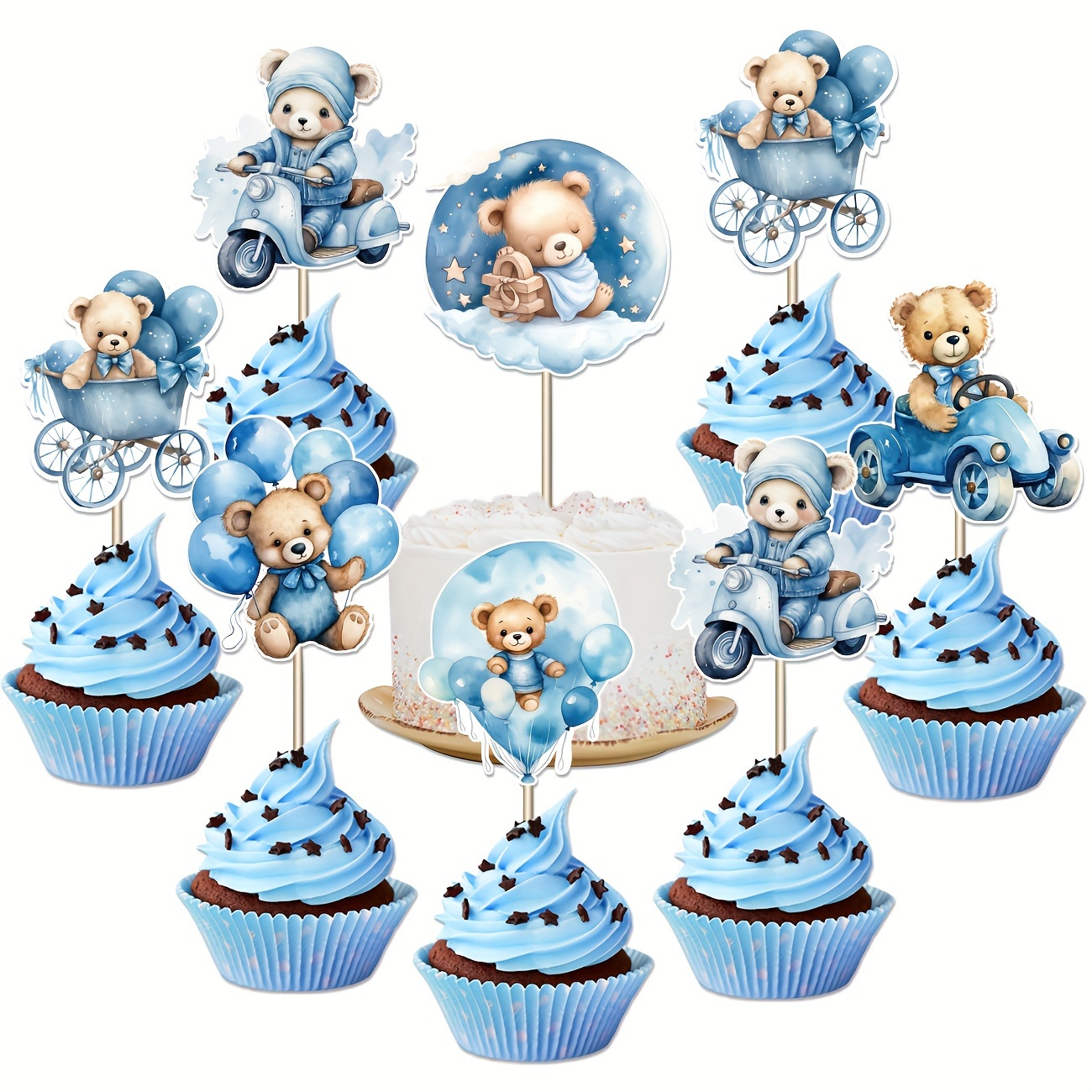 

12 Pack Blue Bear And Elephant Cupcake Toppers For Baby Shower, Gender Reveal, Birthday - Universal Celebration Paper Cake Decorations, Non-electric, Featherless, Themed Party Supplies