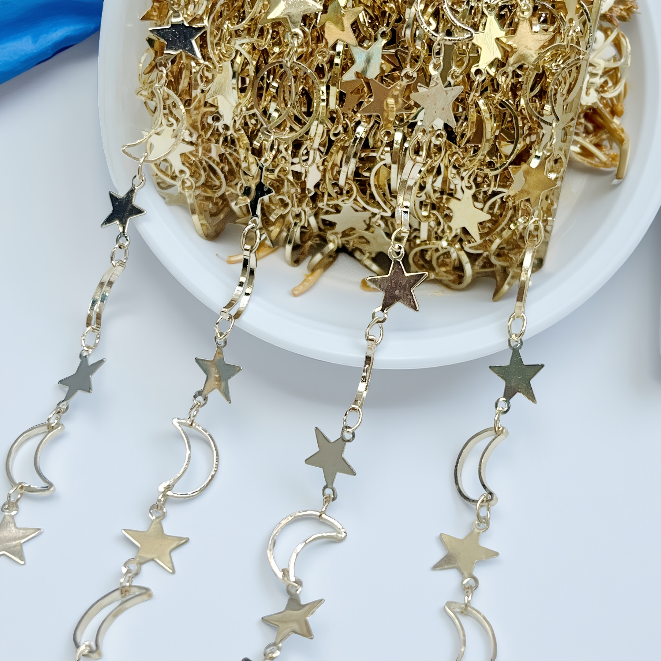 E-shop 1 Meter 39,37 Zoll Mond Fünfzackiger Stern Design Kupferperlenkette für Damen DIY Halskette Armband DIY Kettenzubehör Schmuckherstellung Zubehör
