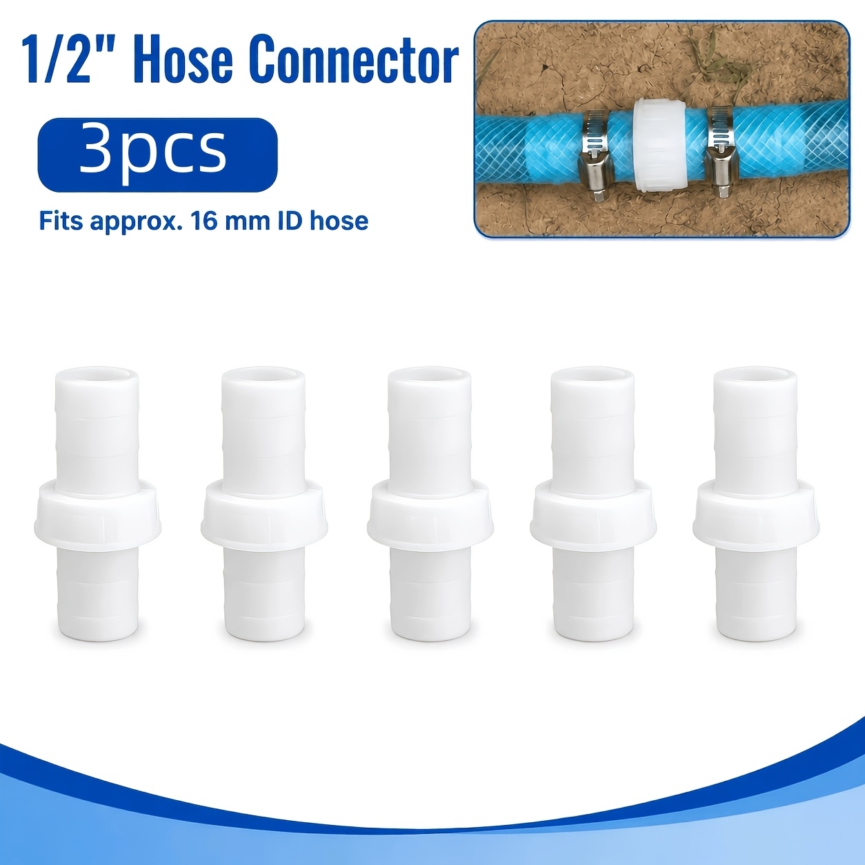 TEMU Set da 3 raccordi per tubo da 1/2 pollice, connettore dritto per tubo in plastica HDPE, per tubo flessibile per acqua/tubo per irrigazione da