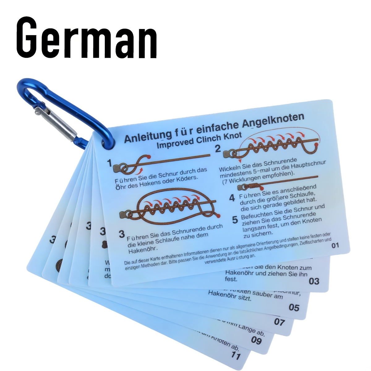 E-shop Set aus sechs PVC-Angelnick-Referenzkarten mit einfachen Knotenanleitungen, inklusive Mini-Karabiner, mehrsprachiger Deutsch Englisch