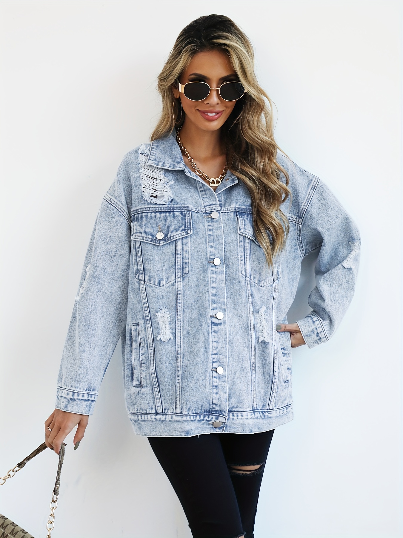 Manteau en denim oversize dechire veste en denim a col a manches longues style streetwear veste en denim a boutonnage simple jeans et ve