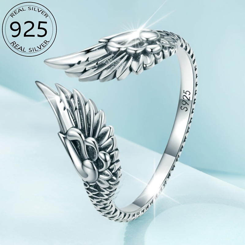 

Bague Ouverte en Argent Sterling 925 avec Plume de Garde Vintage, Bijoux de Mode Hip Hop, Cadeau Idéal pour les Fêtes, 2.5g