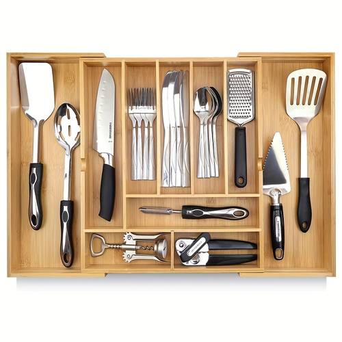 six compartment wooden storage box for separating spoons forks knives and other utensils as well as small tools