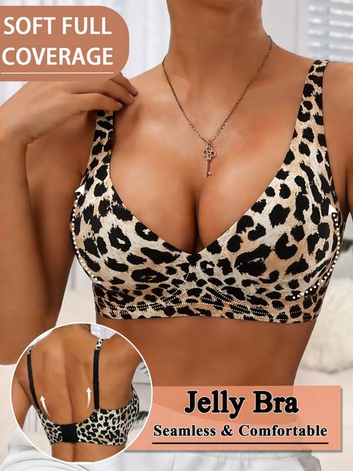 womens seamless leopard print v neck bra wireless non removable padding adjustable straps and eye closure breathable and comfortable womens push up bra womens leopard print bra