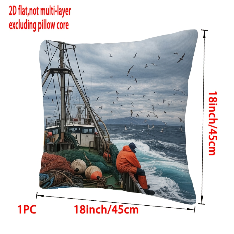 TEMU Housse de Coussin Moderne 2D Imprimée 1pc avec Bateaux de Pêche et Mouettes en Mer. Oreiller Inclus. Idéale pour Décoration de Balcon, Canapé,