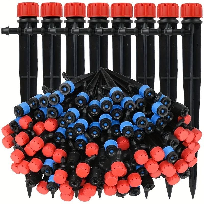 

20/50/200pcs, Drip Irrigation Emitters, 5.24in Adjustable 360° Rotating Sprinkler Dripper, 8-hole Long Stake 4/7" Hose Connector, Automatic Garden Watering System, Plastic, Black/red/blue
