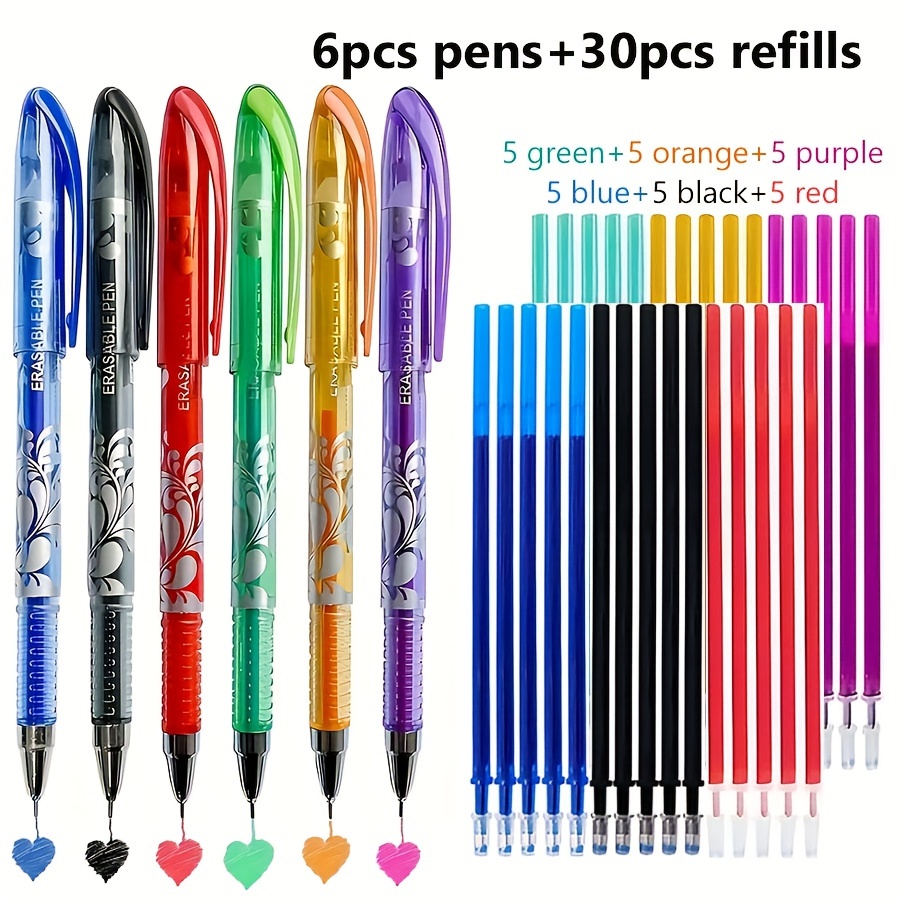 

36-piece Erasable Gel Pen Set In 6 Colors - Blue, Black, Red, Green, Orange, Purple Ink - Washable, Refillable Writing Pens With Pocket Clip For School & Office Supplies