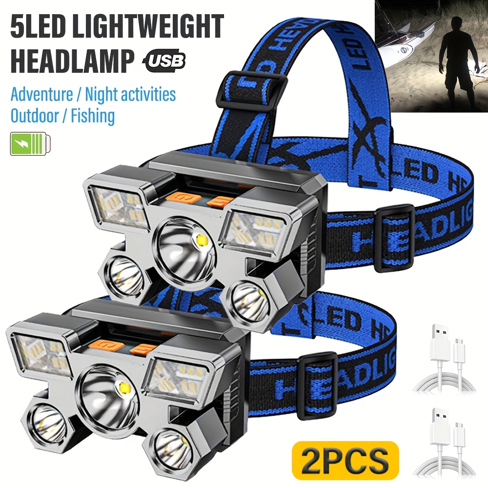 

2pcs Portable 5led Headlamp With Built-in Battery, Usb Rechargeable, Portable Headlamp For Traveling, Camping, Fishing, Hunting