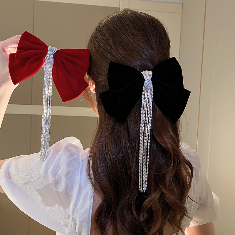 

Elegant Large Bow Satin Headband Hair Clip With Velvet, Long Tassel Rhinestone Spring Clip Hairpin For Spring And Autumn, Holiday Gift Hair Accessory
