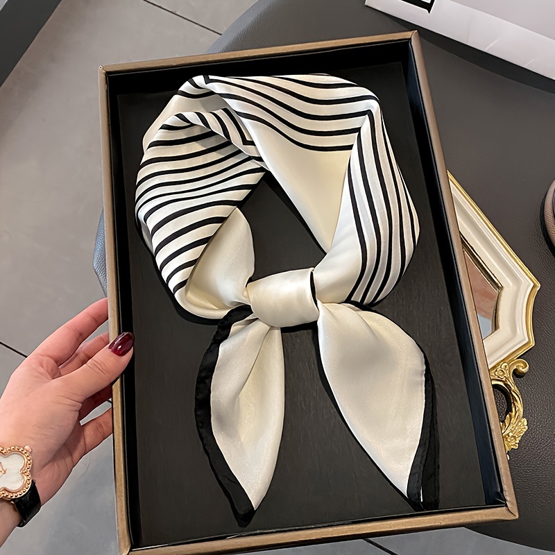 

And White Striped Satin Square Scarf For Women – Elegant Hair Tie, Neck Accessory, And Vacation Essential – Soft Polyester Fabric, Glossy , 100g/㎡, And Decor, Hair Scarf