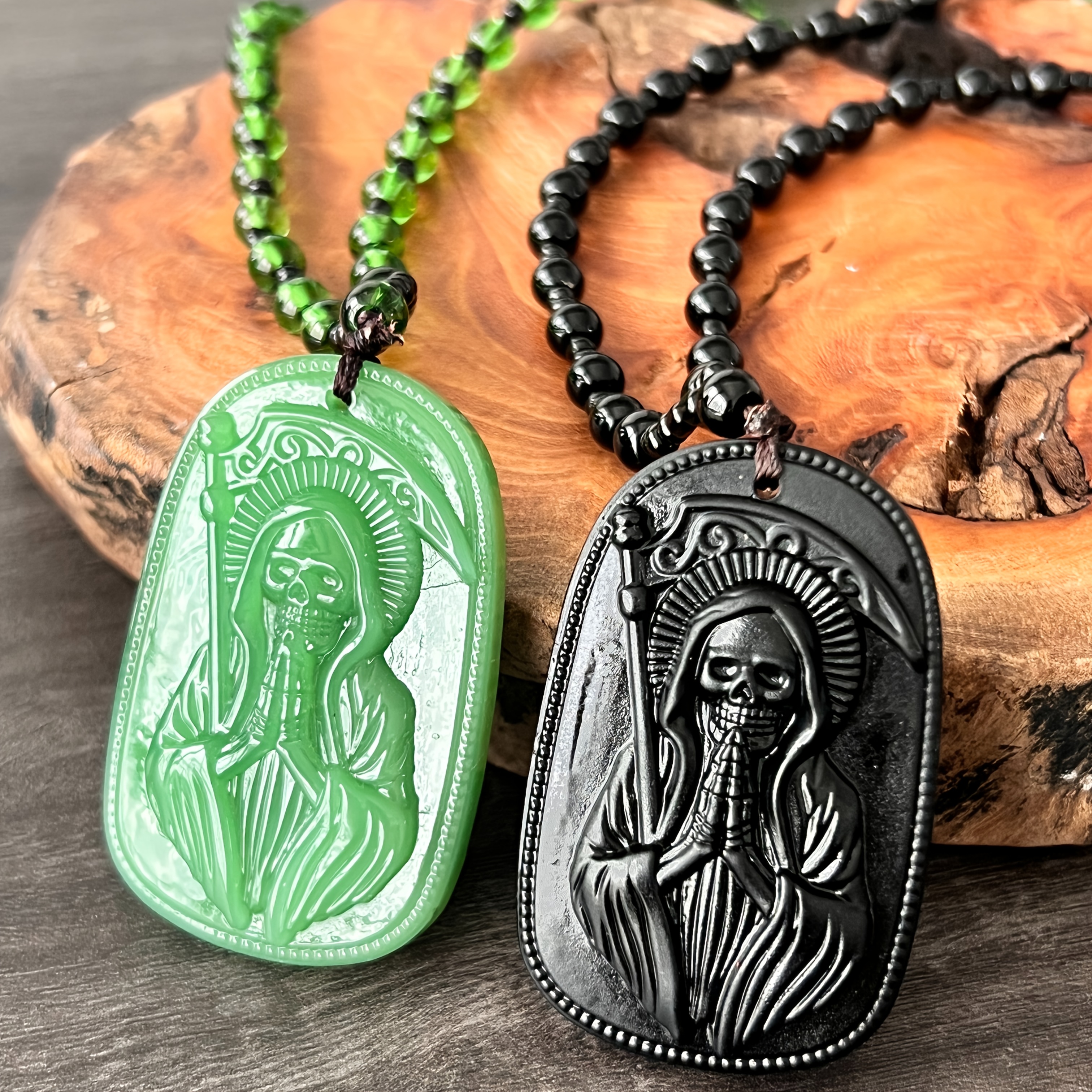 Gothic Style Glass Grim Reaper Skull Pendant Necklace