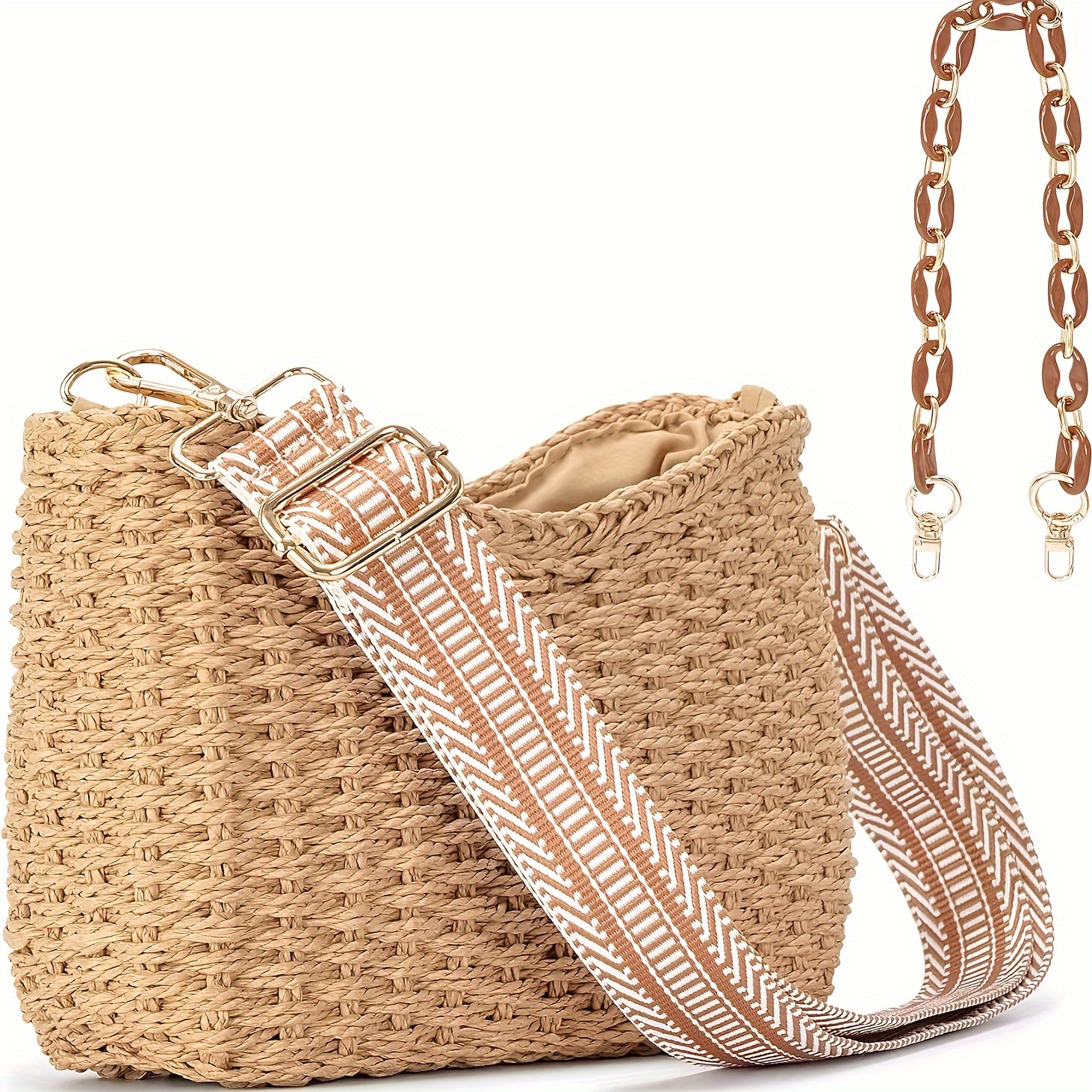 Image of Herald Handmade Straw Crossbody Bag For Women, Summer Chic Woven Handbag Shoulder Purse With Chain