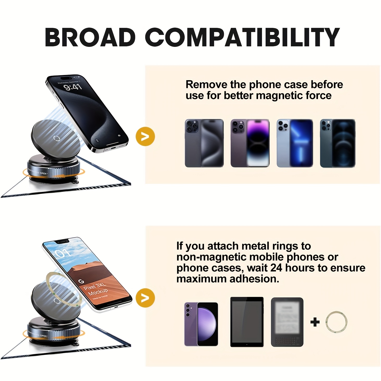 Adjustable Vacuum Magnetic Suction Cup Phone Holder, Suitable for Car/Gym/Mirror/Smooth Surfaces Hands-Free Stand, Compatible with All Smartphones