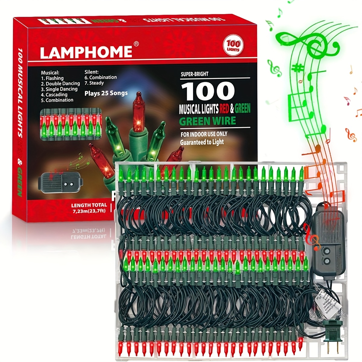 TEMU Musical Christmas Lights With 100 Mini Bulbs (23.7ft) & 25-song - Red & Green String Lights With , Plug-in Indoor Holiday Decorations For Tree,