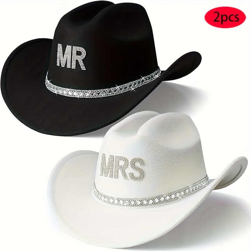 E-shop 2 Stück Hochzeitsparty-Hüte Set - Cowboy - Passende Hochzeitskleid-Hüte mit Braut-Beschriftung, Klare Kristallbesetzte Cowboy-Hüte für - Leicht