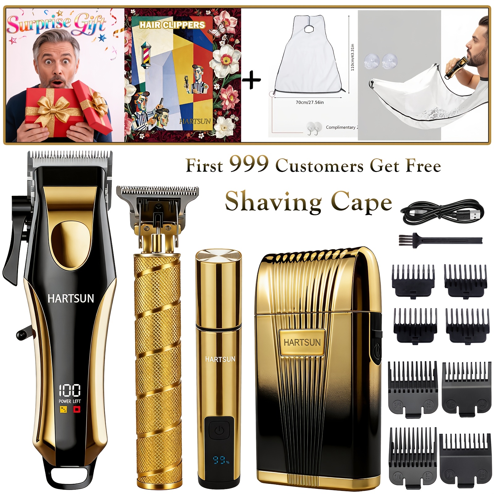 TEMU Hartsun Professional Men Grooming Kit 1/2/3/4pcs Usb Rechargeable Hair Clipper With Led Battery Display, Cordless Hair Trimmer Shaver Epilator